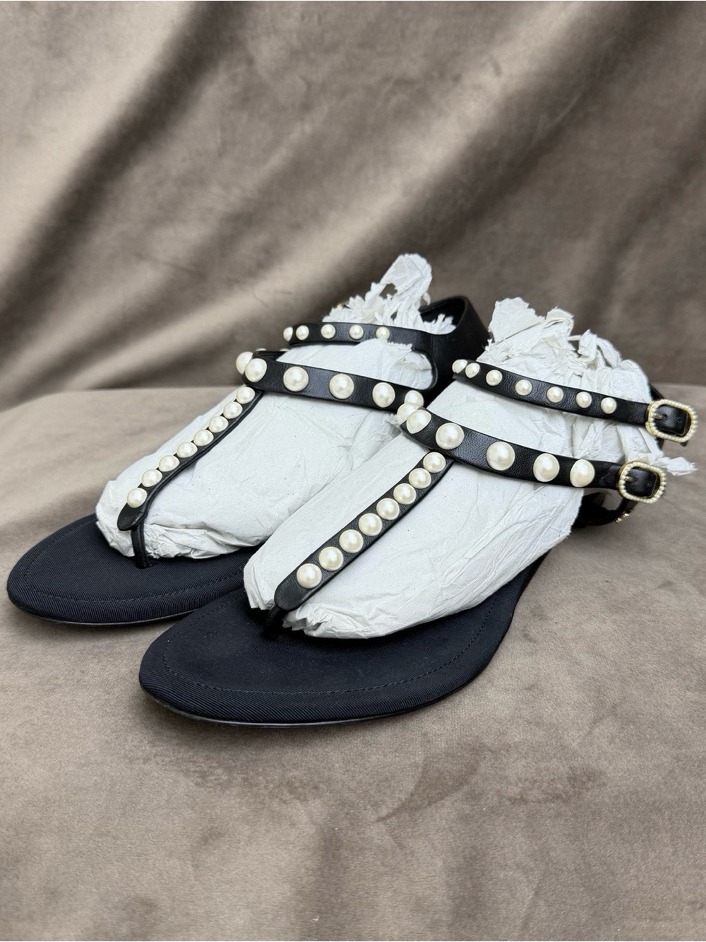 CHANEL Black Pearl-Embellished T-Strap Sandals